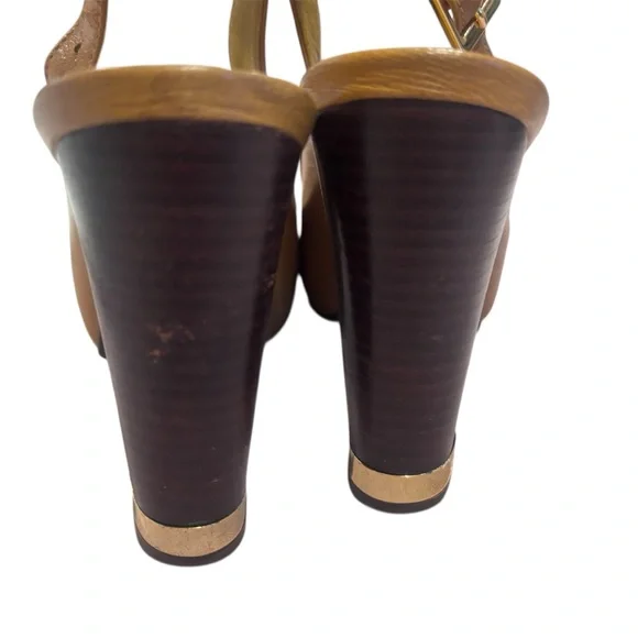 Tory Burch Tan Gold Peep-Toe Slingback Heels Size 7.5 - Picture 10 of 11